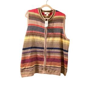 Vtg Womens Colorful Striped Knit Full Zip Vest Size 2X  Boho Grandma Chic Preppy